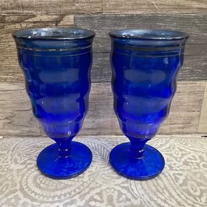 Cobalt Blue Footed Glasses Set of 2 Vintage Drinking Goblets Barware